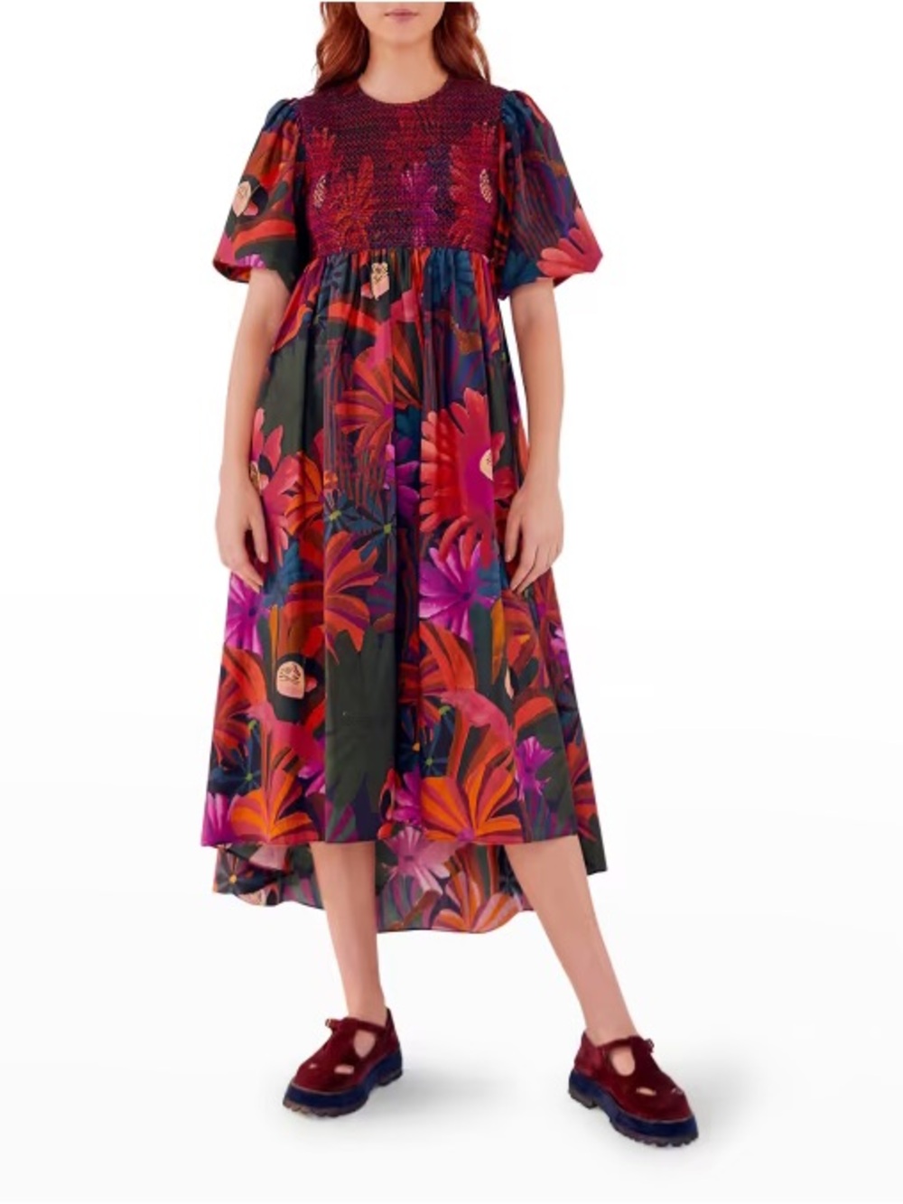 Farm Rio BIRD FLOWERS smocked midi dress